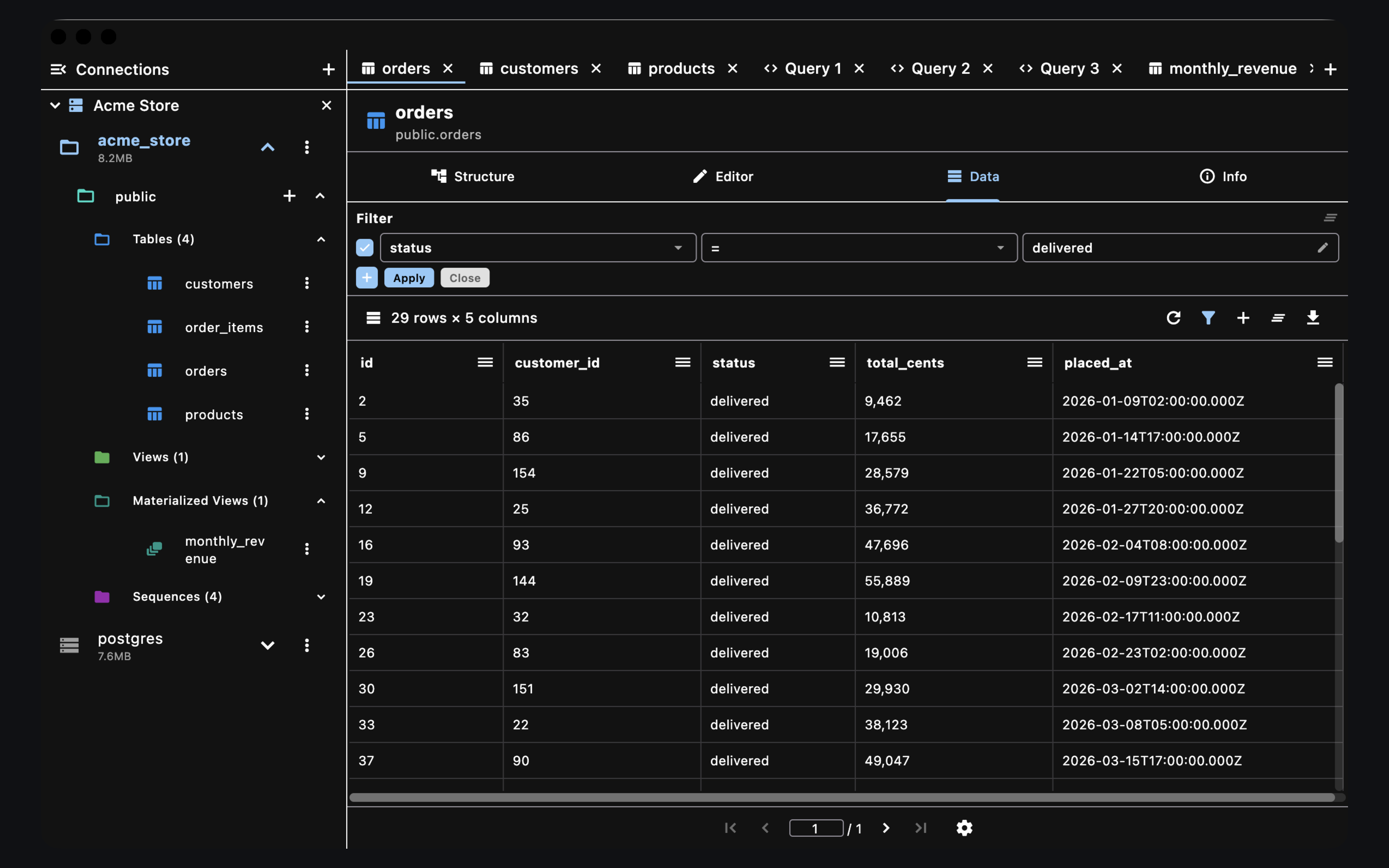 Multi-column filters on a table