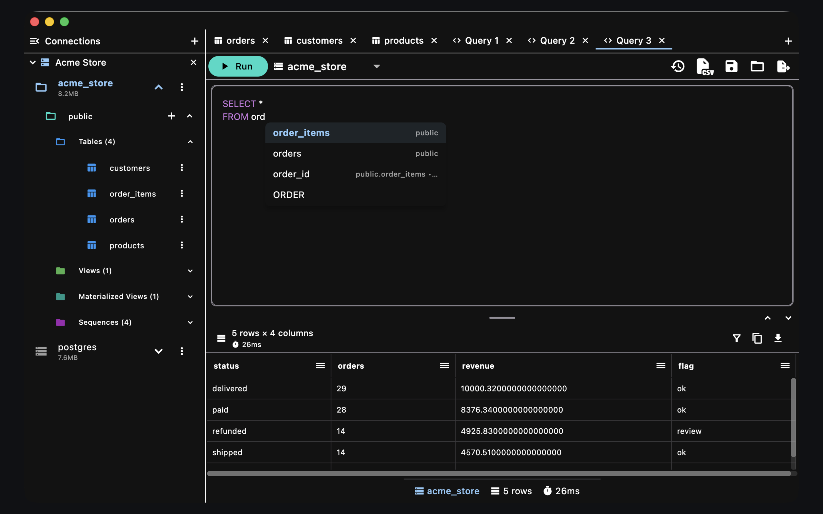 Autocomplete from the live schema