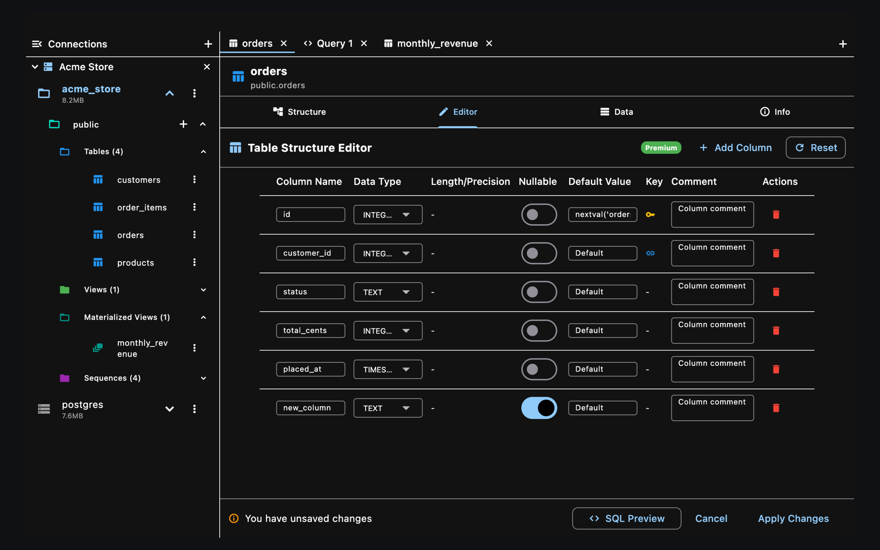 Table structure editor (a Premium feature)