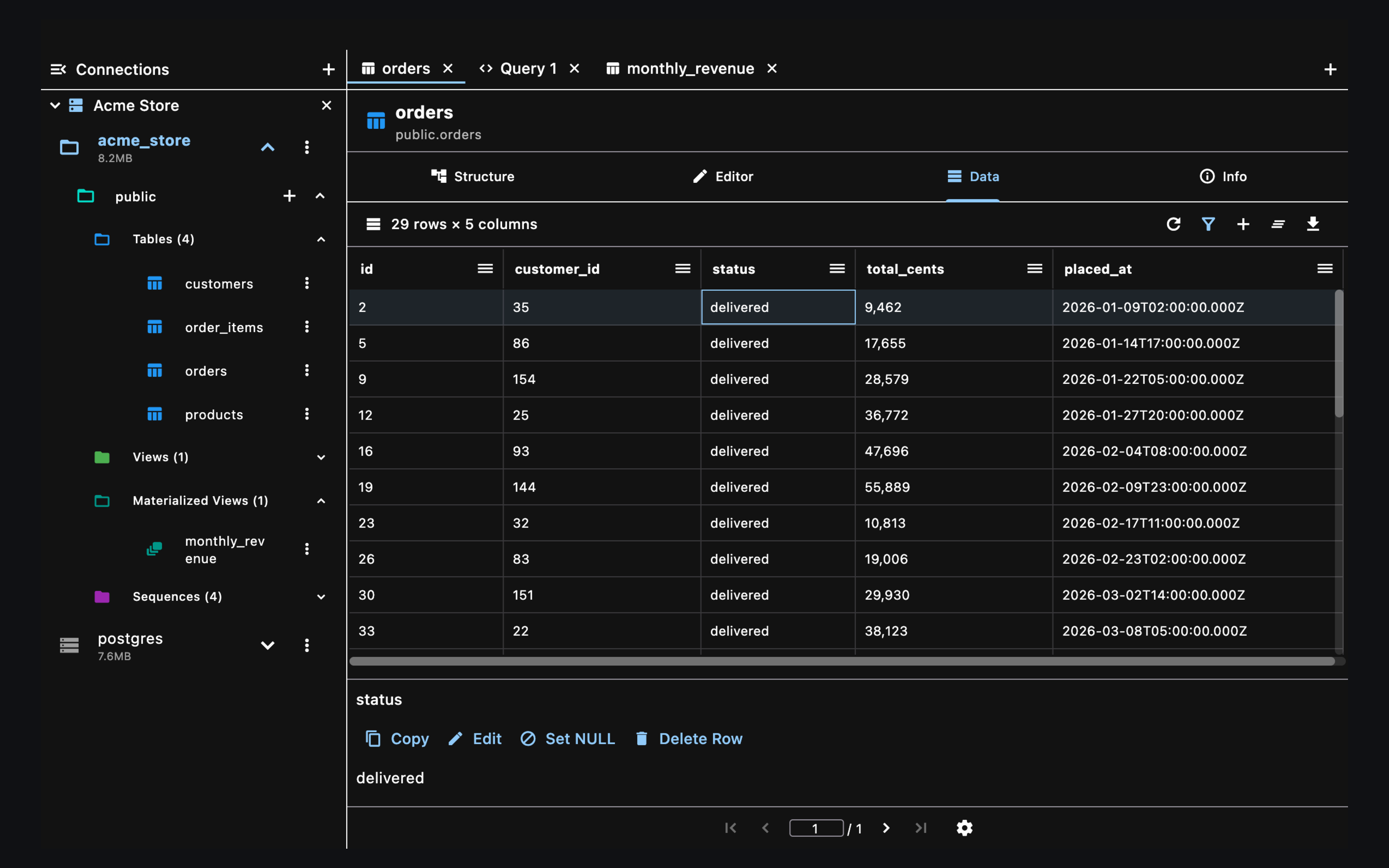 Cell actions: copy, edit, set NULL, delete row