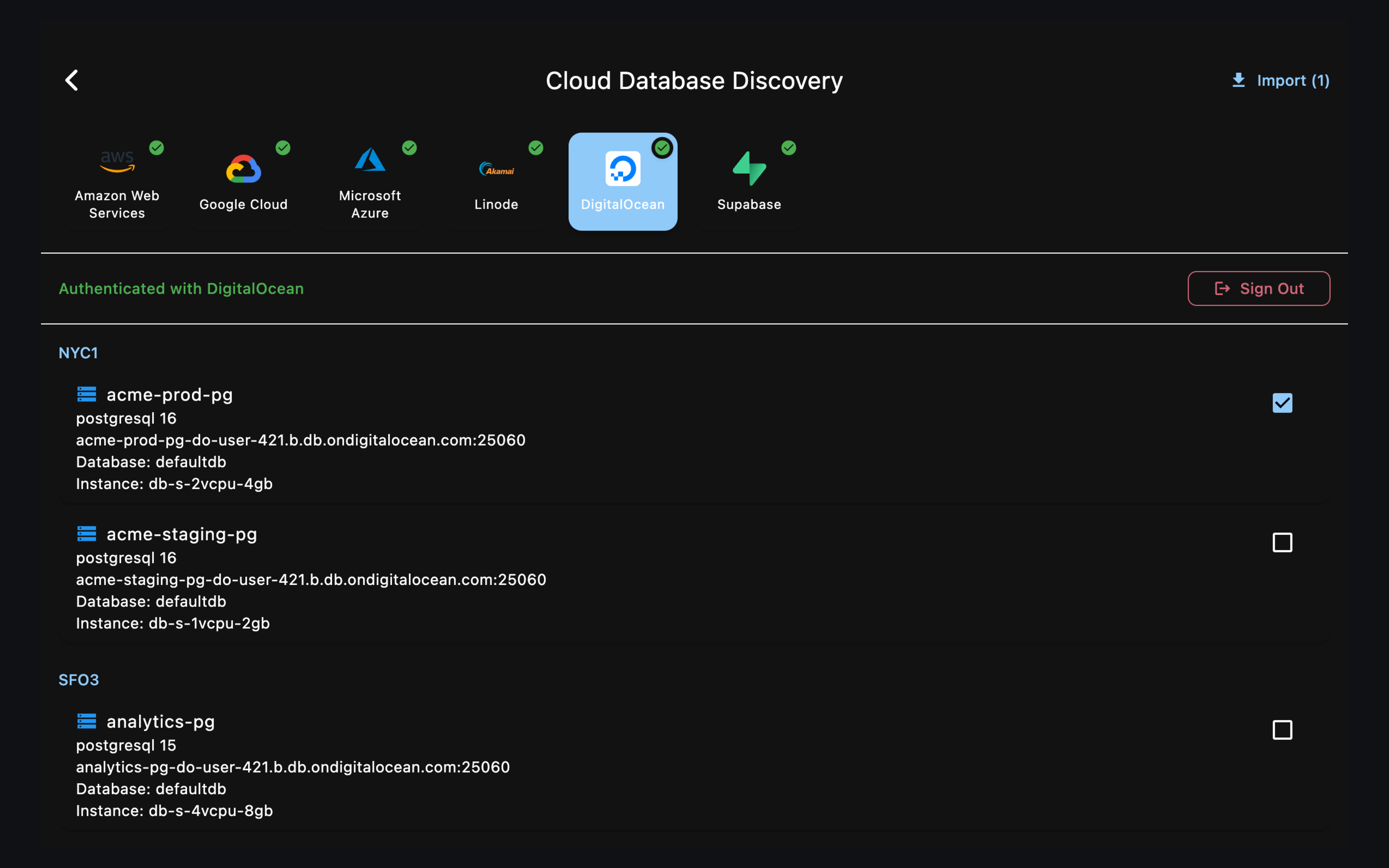 Importing connections from DigitalOcean, one of six cloud providers