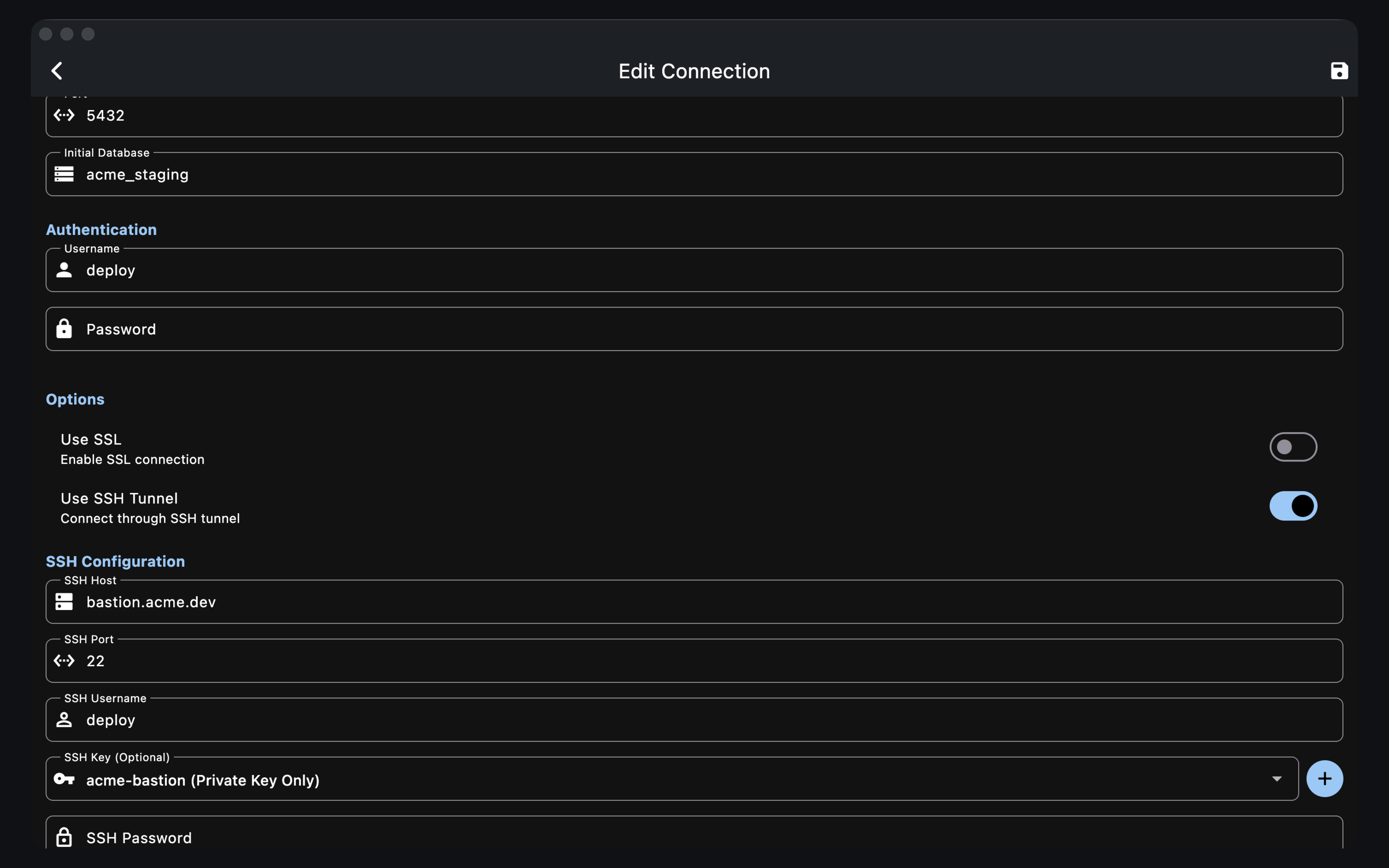 An SSH tunnel connection using a stored key