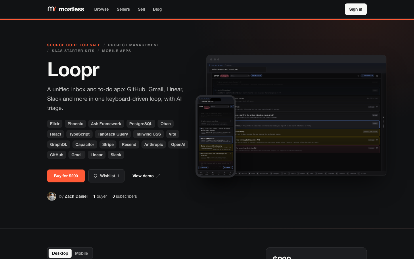 A listing: screenshots of desktop and phone, its stack, and buying it