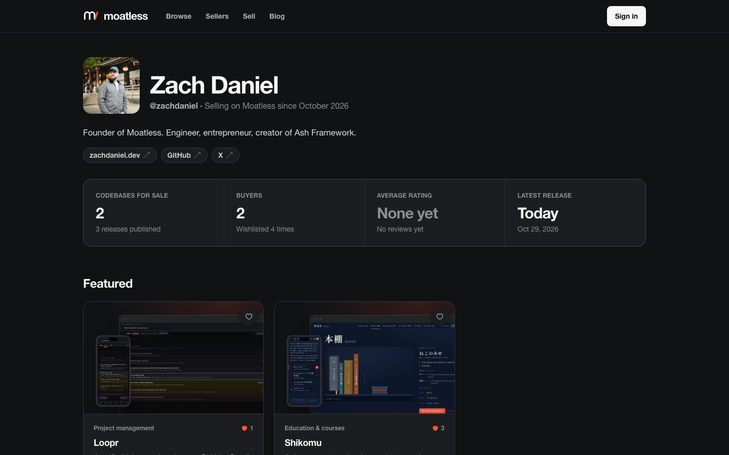 A seller's page, with their record across all their codebases